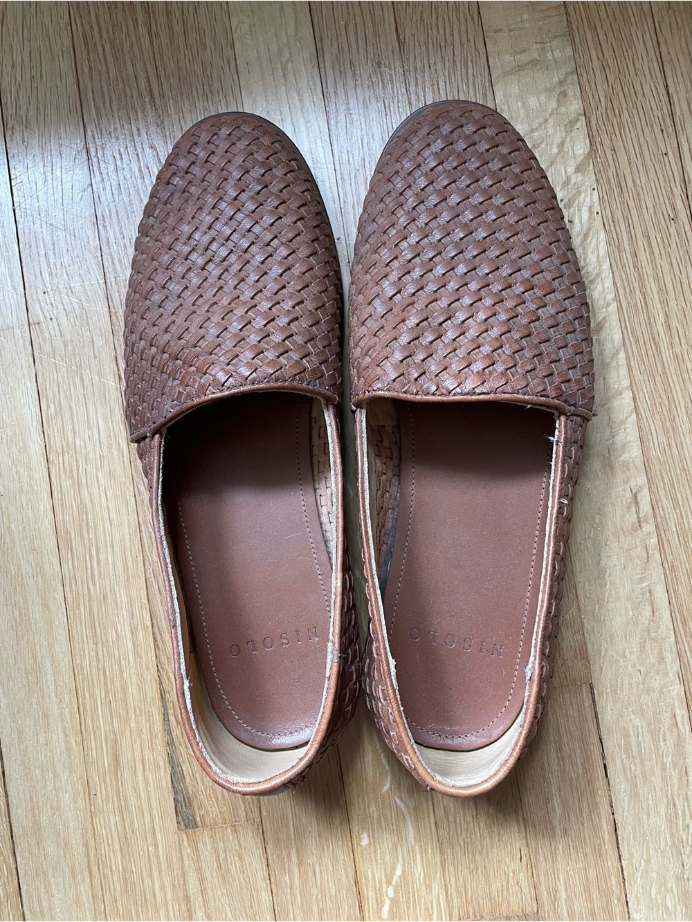 Woven Leather Slip-On Flats - Brown